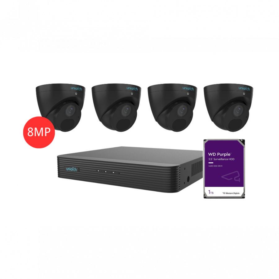 UNIARCH KIT 4CH NVR 4*8MP 1TB INSTALLED-Black